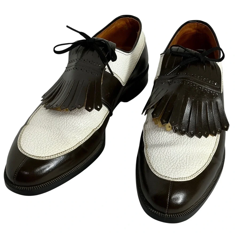 Vintage‎ Ben Hogan Golf Shoes 11C Brown White Kiltie Saddle Spikes USA Retro